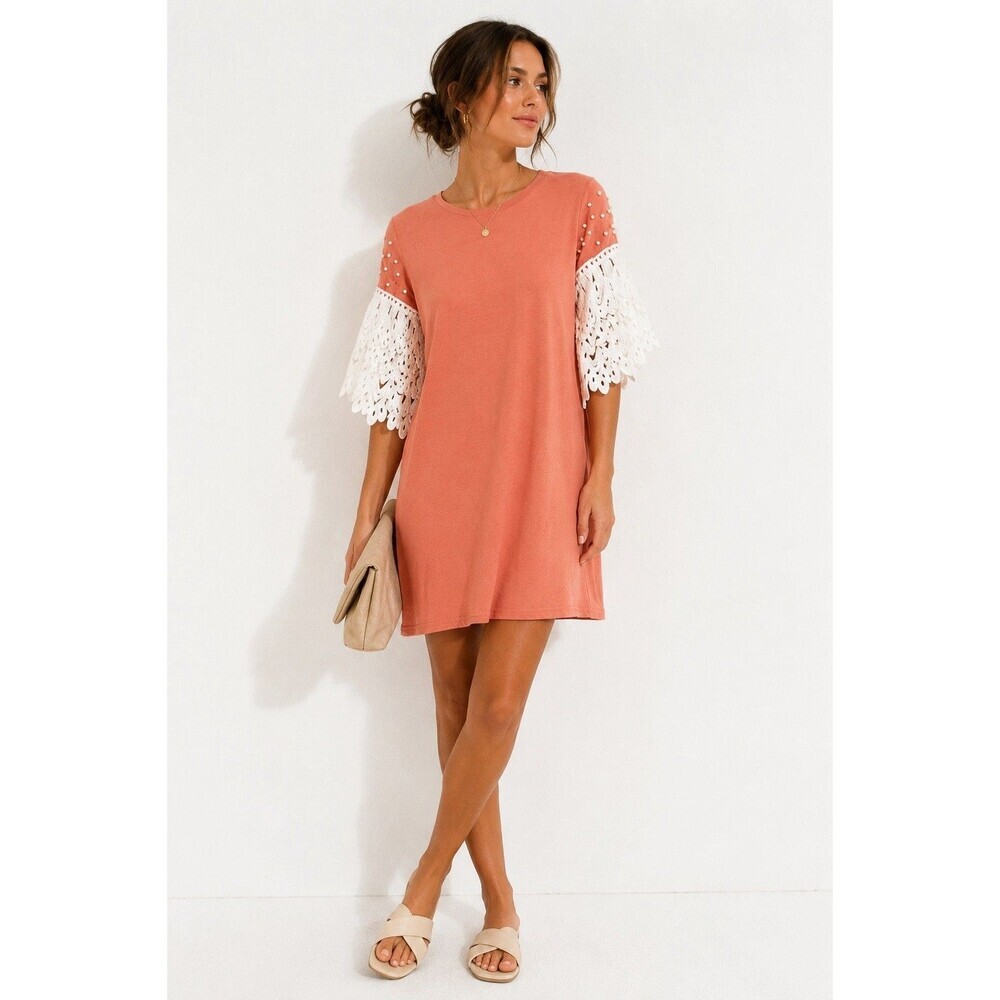 Hiso Hiso Peach T-Shirt Dress Lace Bell Sleeve Pearl Accent Shift Dress S